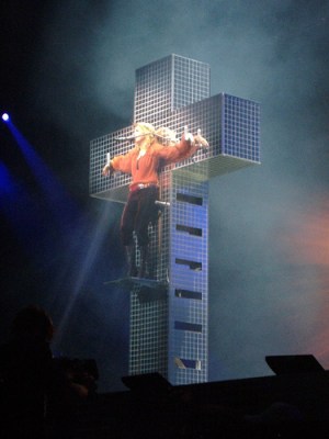 During her 2006 Confessions tour, Madonna performed the song "Live to Tell" while hanging from a giant disco cross and wearing a crown of thorns.