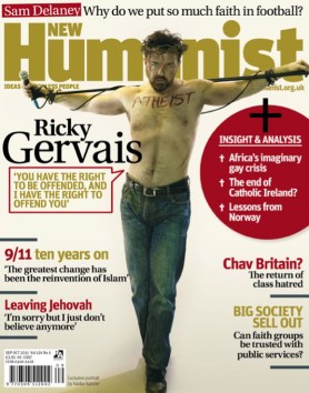 Gervais: “I’ve wanted to do this picture for about 20 years. Finally did it this week with photographer Rich Hardcastle." After pitching the photo to Rolling Stone magazine and being rejected, Gervais shopped it to the New Humanist, who used it for their September 2011 cover.