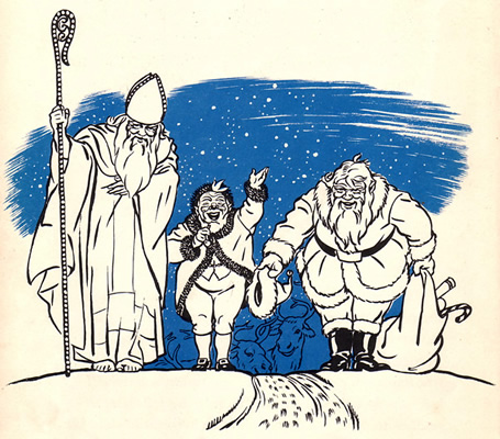 Illustration by Cyrus Leroy Baldridge depicting the evolution of the Santa Claus figure in America.