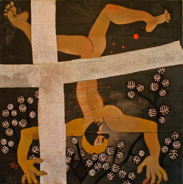 Cedric Baxter (English Australian, 1930-), Jesus Striped and Stripped, 2011. Acrylic, collage, and pen on canvas, 91 x 91 cm. Collection of the Uniting Church in Australia.