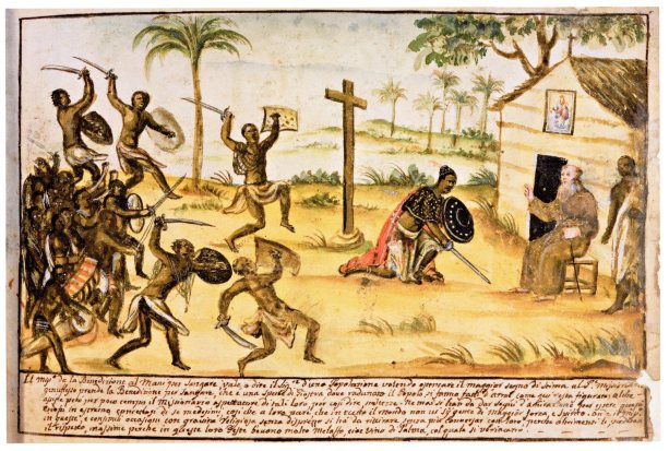 Bernardino d'Asti, The Missionary Gives His Blessing to the Mani [Kongo king] during a Sangamento, ca. 1750. Watercolor on paper, 19.5 x 28 cm. From "Missione in prattica: Padri cappuccini ne Regni di Congo, Angola, et adiacenti," MS 457, fol. 12r., Biblioteca Civica Centrale, Turin, Italy. The sangamento was a staged performance of military might, accompanied by joyful celebrations of investiture.