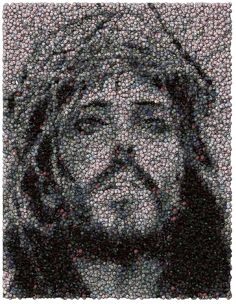 Jesus mosaic made of bottle caps